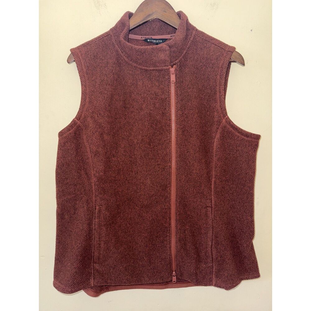Athleta Stroll Fleece Moto Vest 1X Rust Orange Brown Asymmetric Full Zip Plus